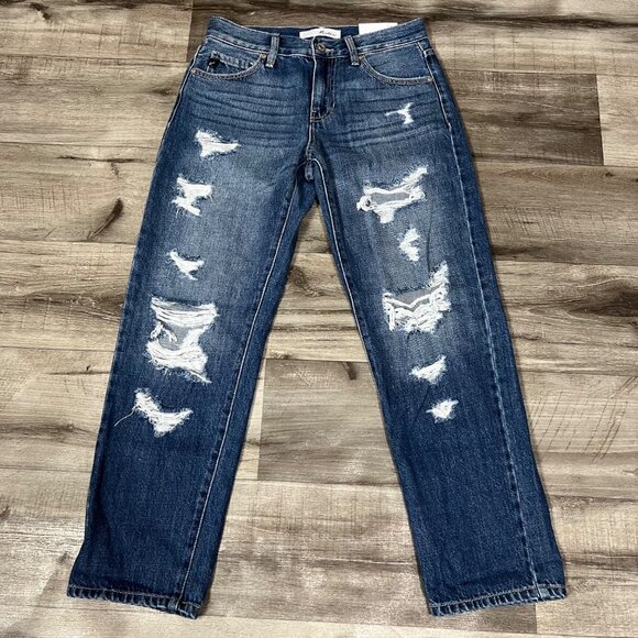 Kancan Distressed Boyfriend High Rise Denim Jeans Blue NWT Women’s Size 24 - Picture 1 of 9